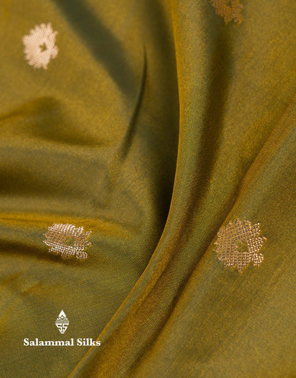 Beautiful Olive Green Semi Silk Saree With Contrast Peacock Blue Traditional Border
