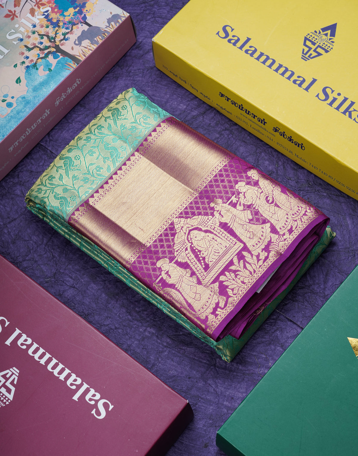 Beautiful Light Green Tissue Bridal Pure Kanjivaram Silk Saree With Contrast Purple Pallaku Border