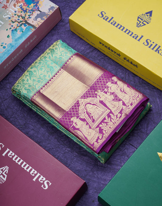 Beautiful Light Green Tissue Bridal Pure Kanjivaram Silk Saree With Contrast Purple Pallaku Border