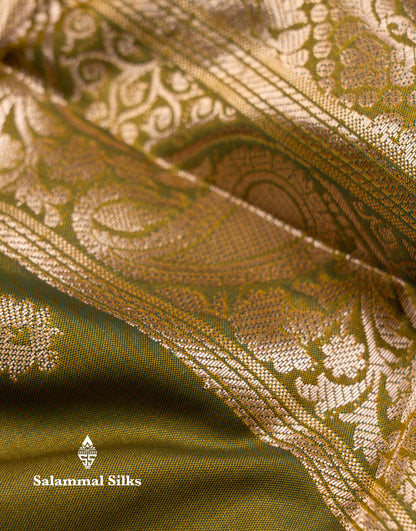 Beautiful Olive Green Semi Silk Saree With Contrast Peacock Blue Traditional Border