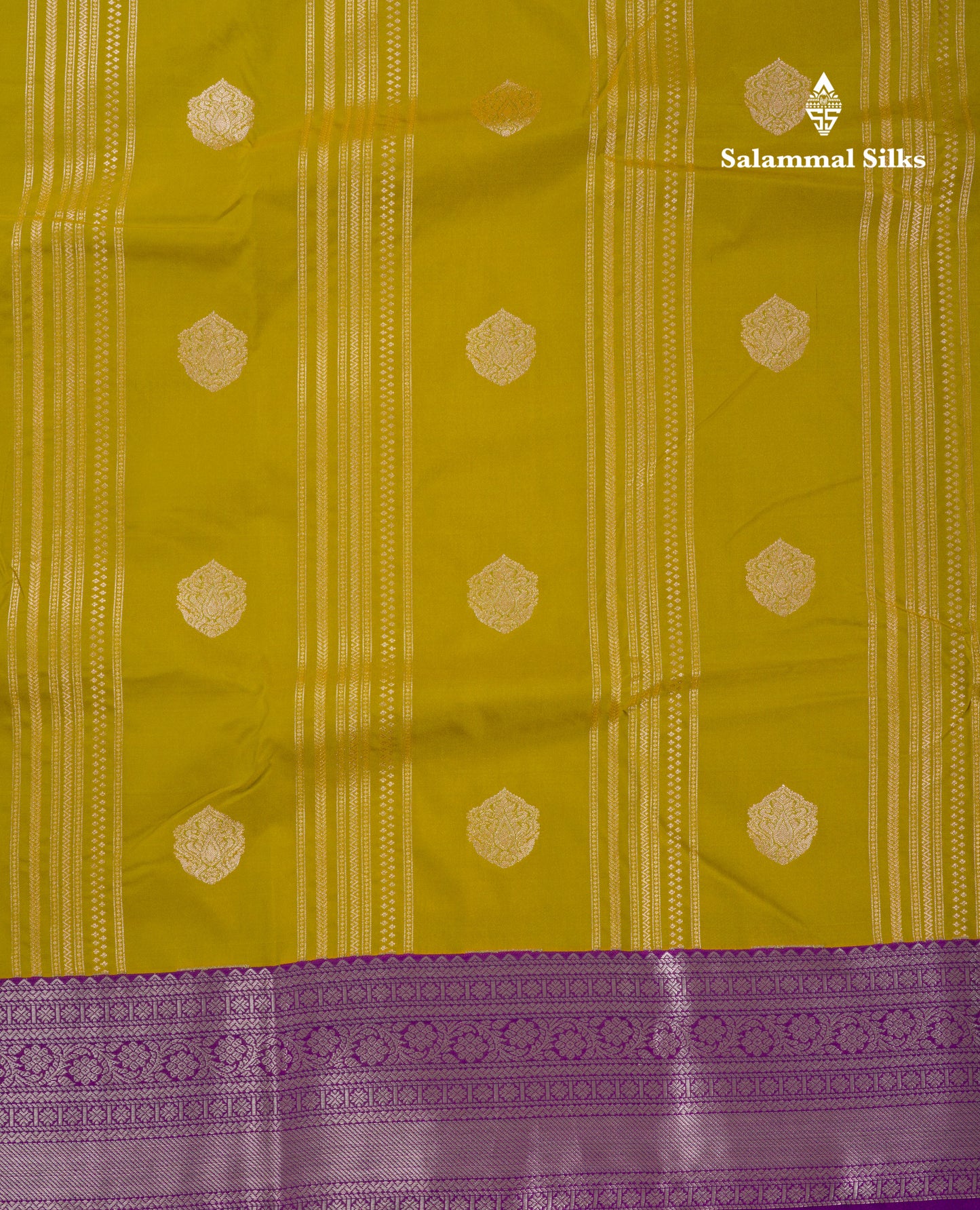 Beautiful Manthulir Yellow Semi Silk Saree With Contrast Dark Purple Traditional Border