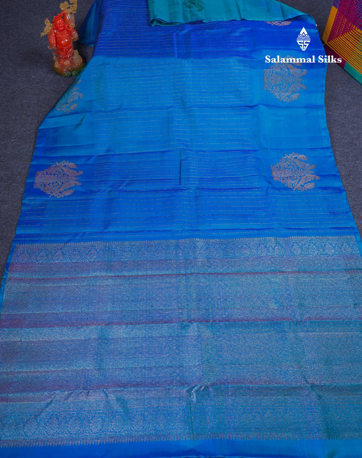 Beautiful Dual Tone Peacock Blue Fancy Pure Kanjivaram Silk Saree With Fancy Border