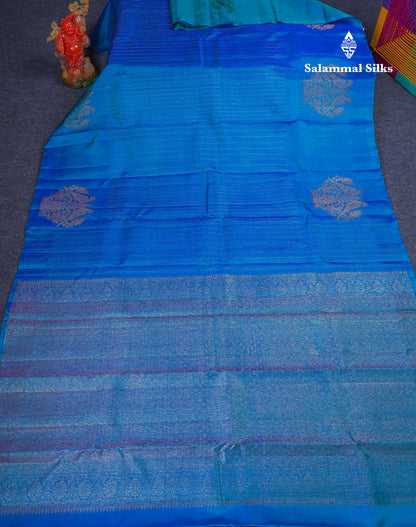 Beautiful Dual Tone Peacock Blue Fancy Pure Kanjivaram Silk Saree With Fancy Border