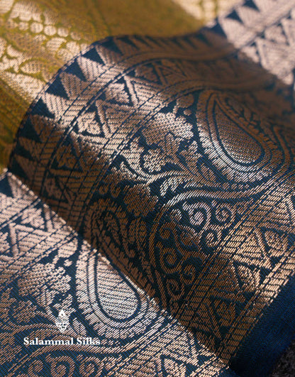 Beautiful Olive Green Semi Silk Saree With Contrast Peacock Blue Traditional Border