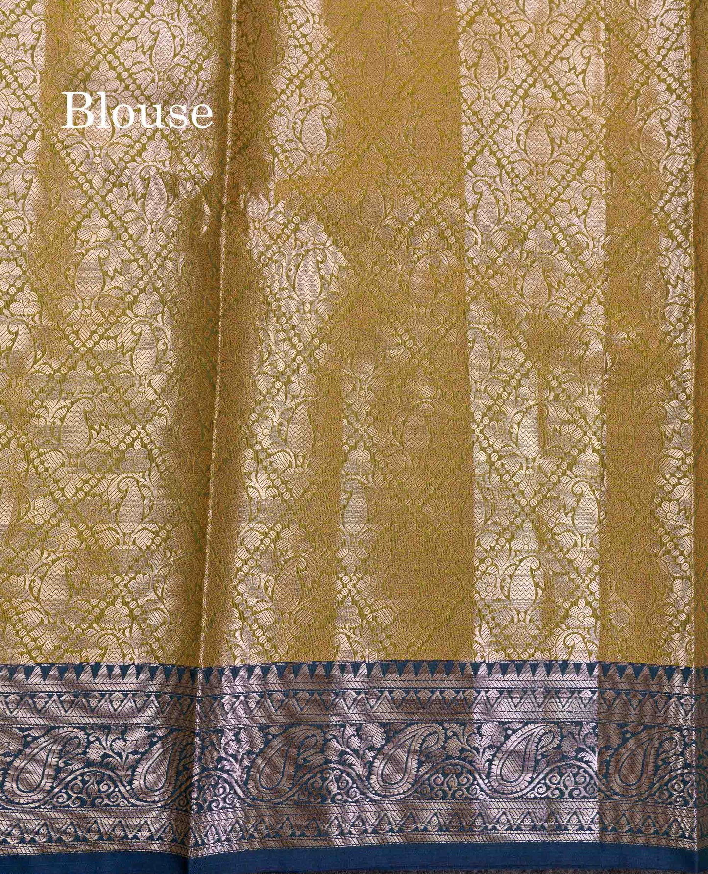 Beautiful Olive Green Semi Silk Saree With Contrast Peacock Blue Traditional Border