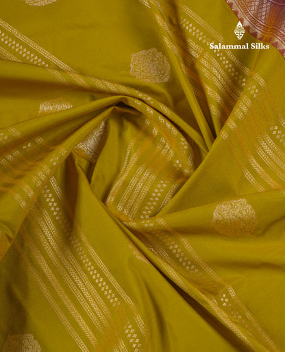 Beautiful Manthulir Yellow Semi Silk Saree With Contrast Dark Purple Traditional Border