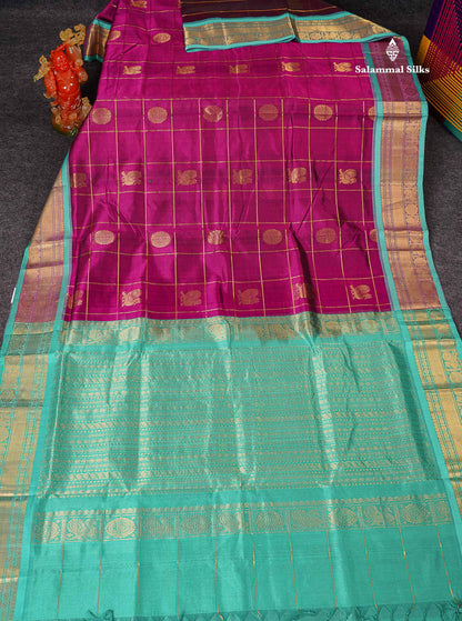 Pure Silk Cotton Saree - Magenta Big Checks With Traditional Butta Along With Contrast Sapphire Green Traditional Border