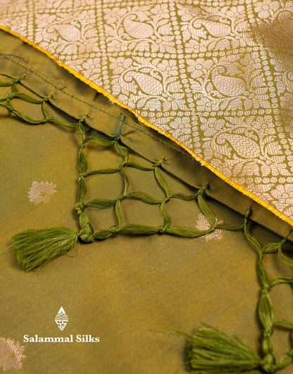 Beautiful Olive Green Semi Silk Saree With Contrast Peacock Blue Traditional Border