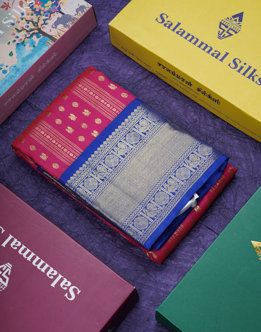 Pink Pure Kanjivaram Silk Saree With Contrast Royal Blue Traditional Border