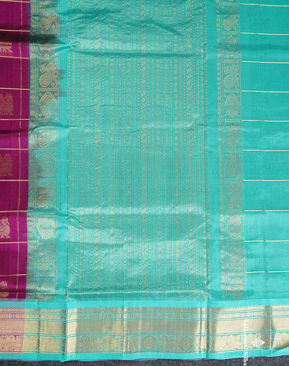 Pure Silk Cotton Saree - Magenta Big Checks With Traditional Butta Along With Contrast Sapphire Green Traditional Border