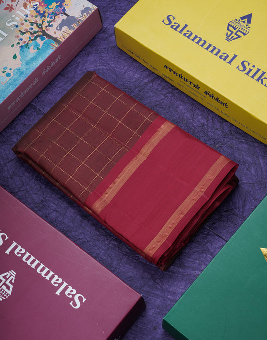 Dual Tone Maroon Checks Pure Kanjivaram Silk Saree With Contrast Pink Gap Border
