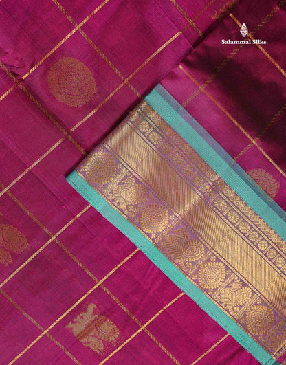Pure Silk Cotton Saree - Magenta Big Checks With Traditional Butta Along With Contrast Sapphire Green Traditional Border