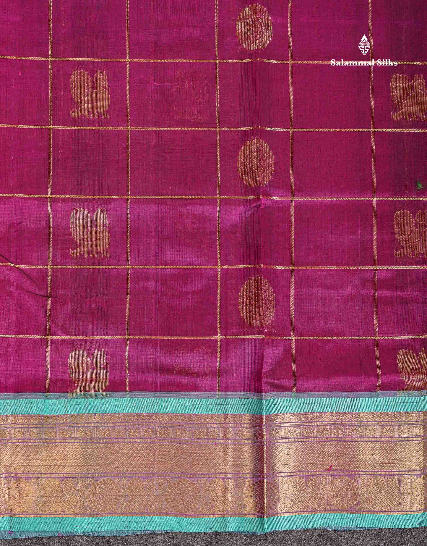 Pure Silk Cotton Saree - Magenta Big Checks With Traditional Butta Along With Contrast Sapphire Green Traditional Border