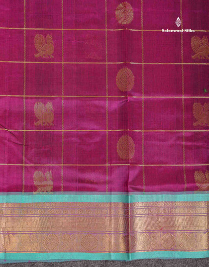 Pure Silk Cotton Saree - Magenta Big Checks With Traditional Butta Along With Contrast Sapphire Green Traditional Border