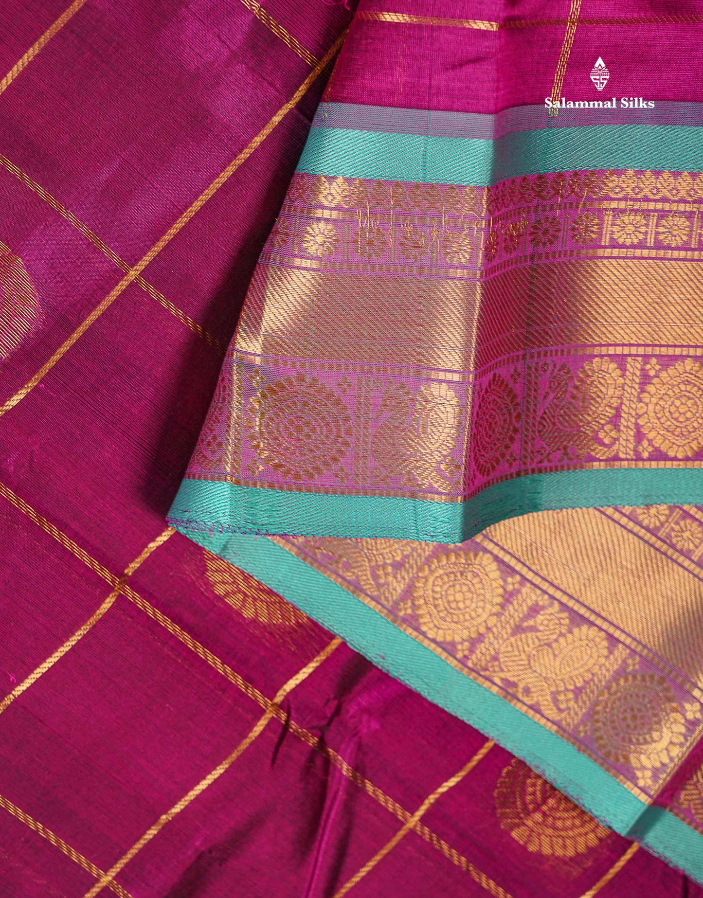 Pure Silk Cotton Saree - Magenta Big Checks With Traditional Butta Along With Contrast Sapphire Green Traditional Border