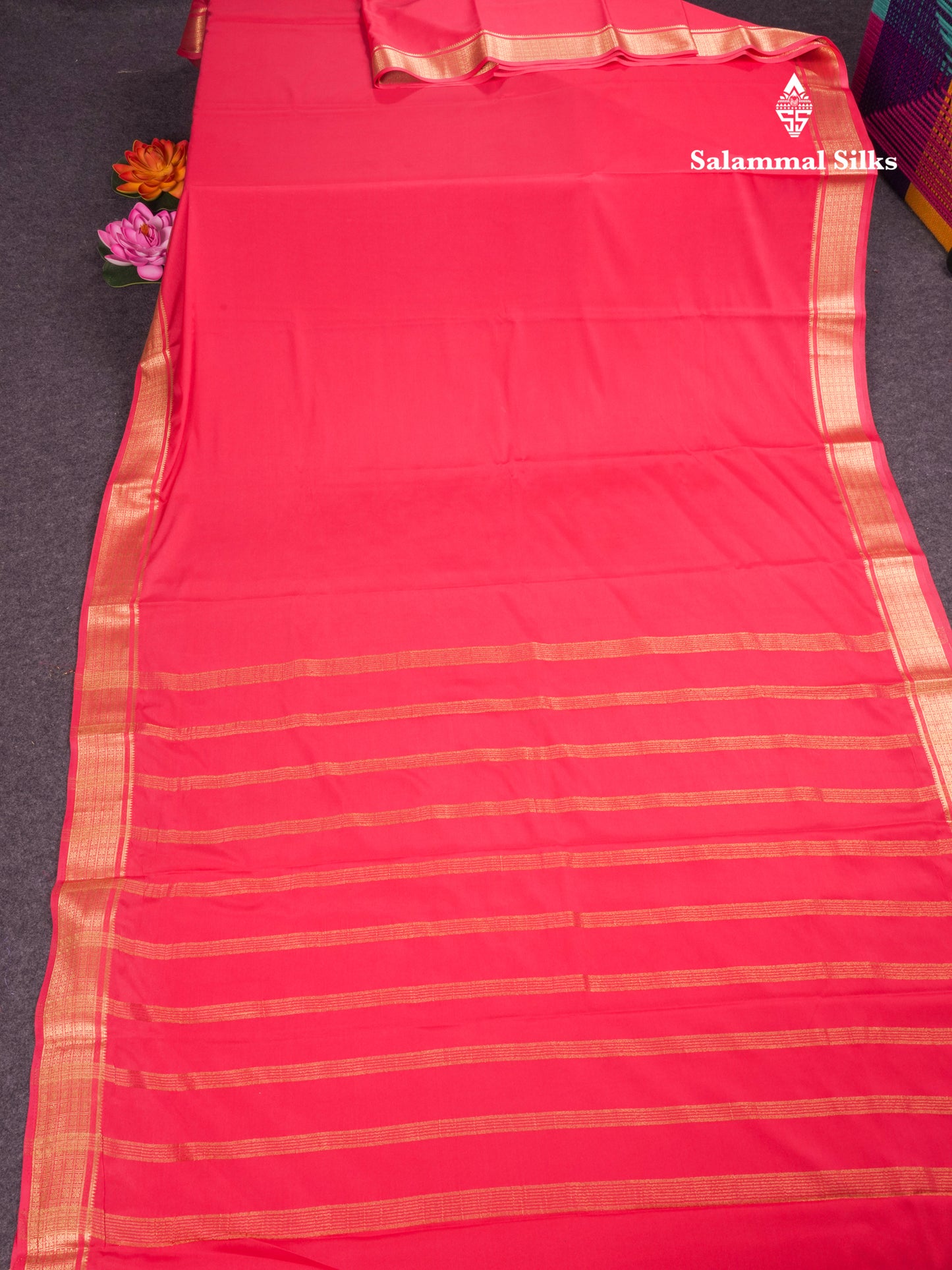 Pink Plain Semi Mysore Crepe Saree With Traditional Border