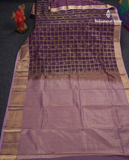 Beautiful Dark Magenta Checks With Butta Semi Silk Saree With Contrast Light Violet Traditional Evening Morning Border