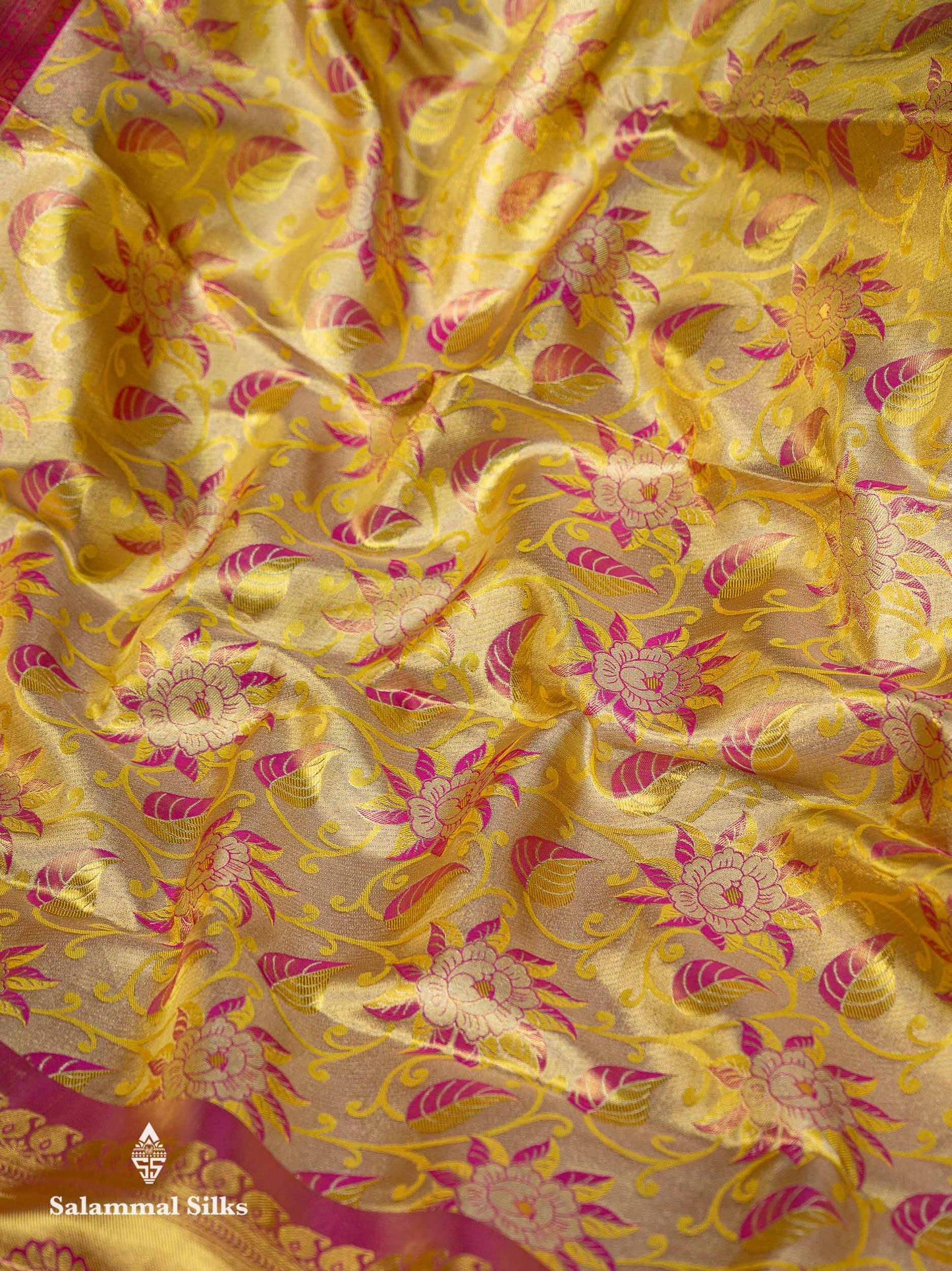 Beautiful Manthulir Yellow Tissue Bridal Pure Kanjivaram Silk Saree With Contrast Pink Traditional Evening Morning Border