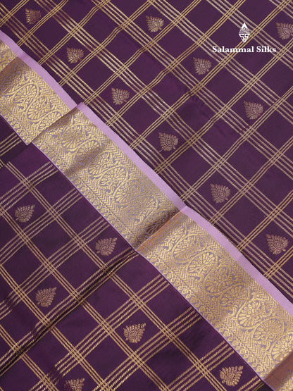 Beautiful Dark Magenta Checks With Butta Semi Silk Saree With Contrast Light Violet Traditional Evening Morning Border
