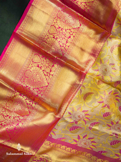 Beautiful Manthulir Yellow Tissue Bridal Pure Kanjivaram Silk Saree With Contrast Pink Traditional Evening Morning Border