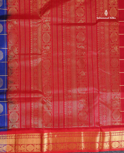 Pure Silk Cotton Saree - Royal Blue Checks With Traditional Butta Along With Contrast Chilly Red Traditional Border