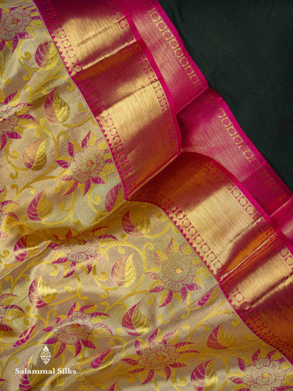 Beautiful Manthulir Yellow Tissue Bridal Pure Kanjivaram Silk Saree With Contrast Pink Traditional Evening Morning Border