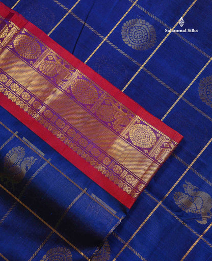 Pure Silk Cotton Saree - Royal Blue Checks With Traditional Butta Along With Contrast Chilly Red Traditional Border