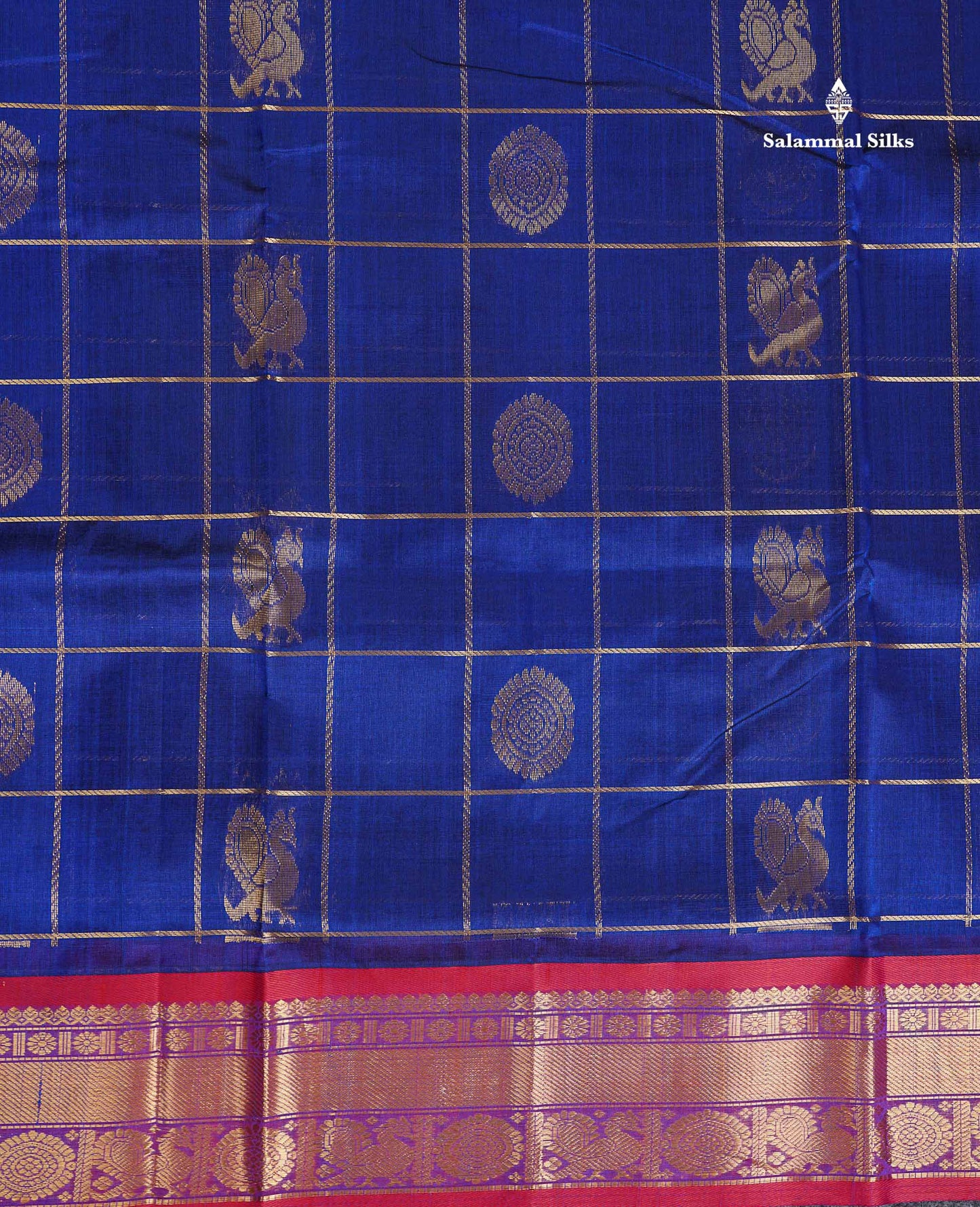 Pure Silk Cotton Saree - Royal Blue Checks With Traditional Butta Along With Contrast Chilly Red Traditional Border