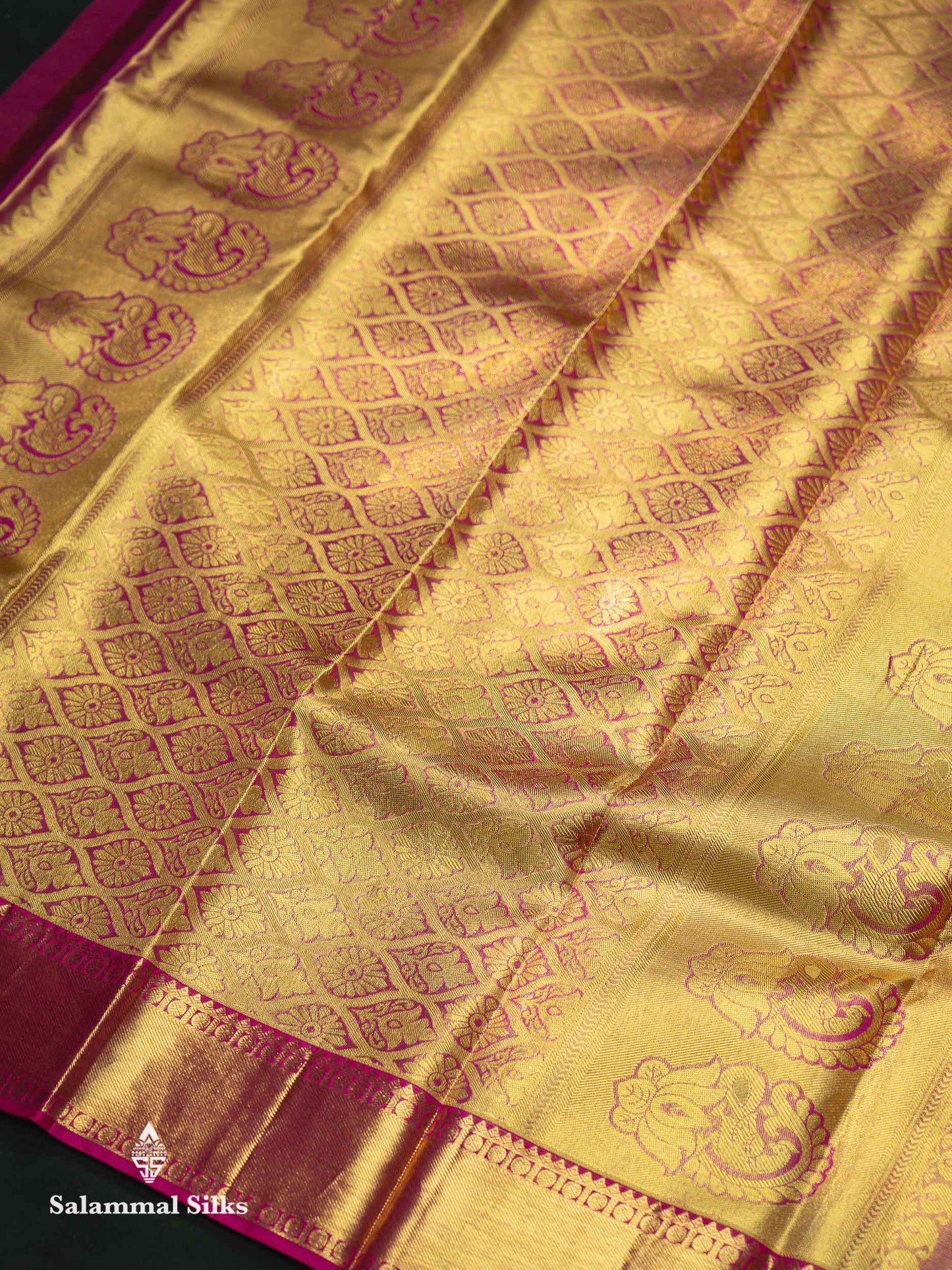 Beautiful Manthulir Yellow Tissue Bridal Pure Kanjivaram Silk Saree With Contrast Pink Traditional Evening Morning Border