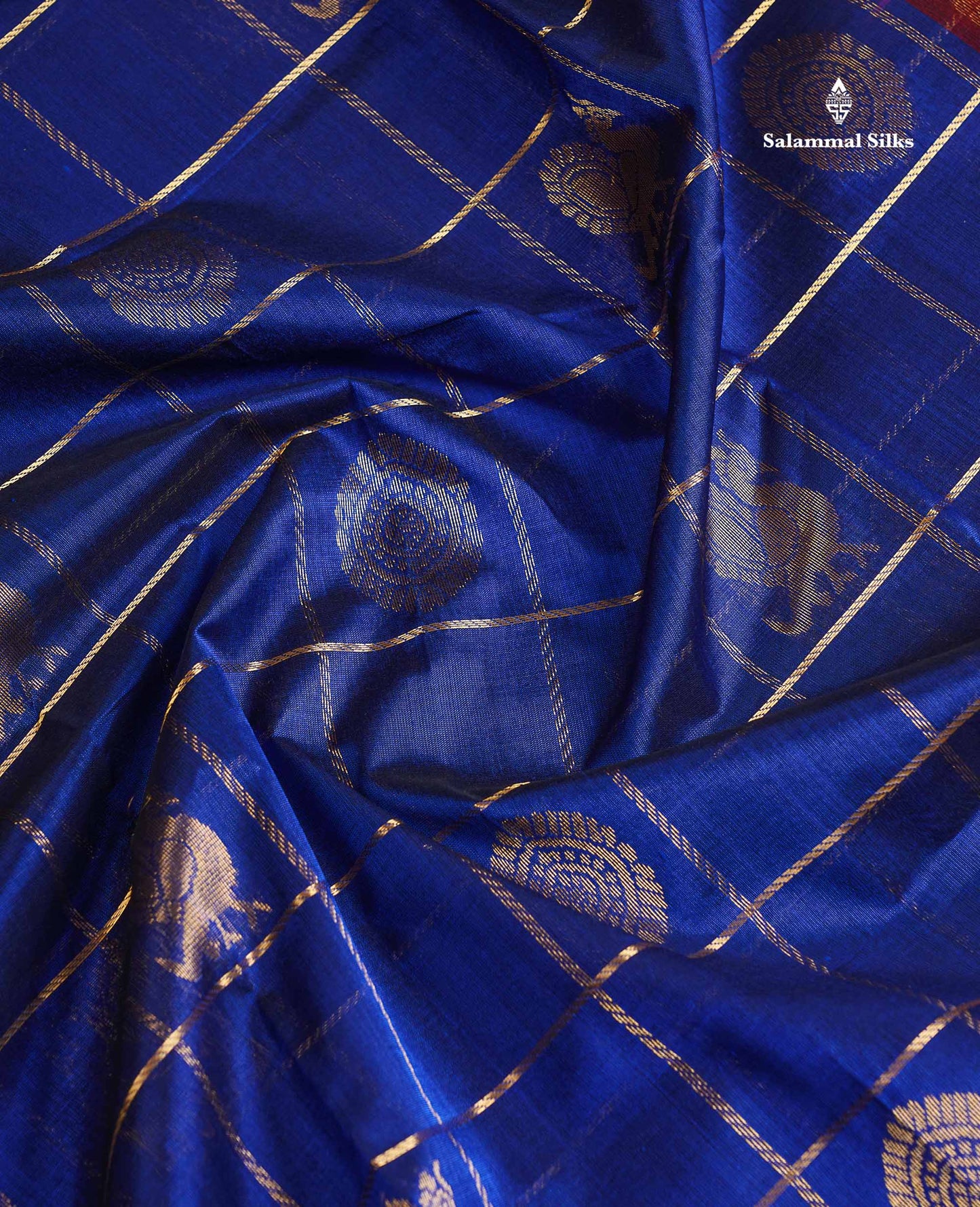Pure Silk Cotton Saree - Royal Blue Checks With Traditional Butta Along With Contrast Chilly Red Traditional Border