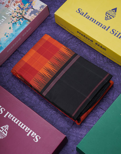 Multicolour Checks Kanjivaram Pure Silk Saree With Contrast Black Temple Double Border