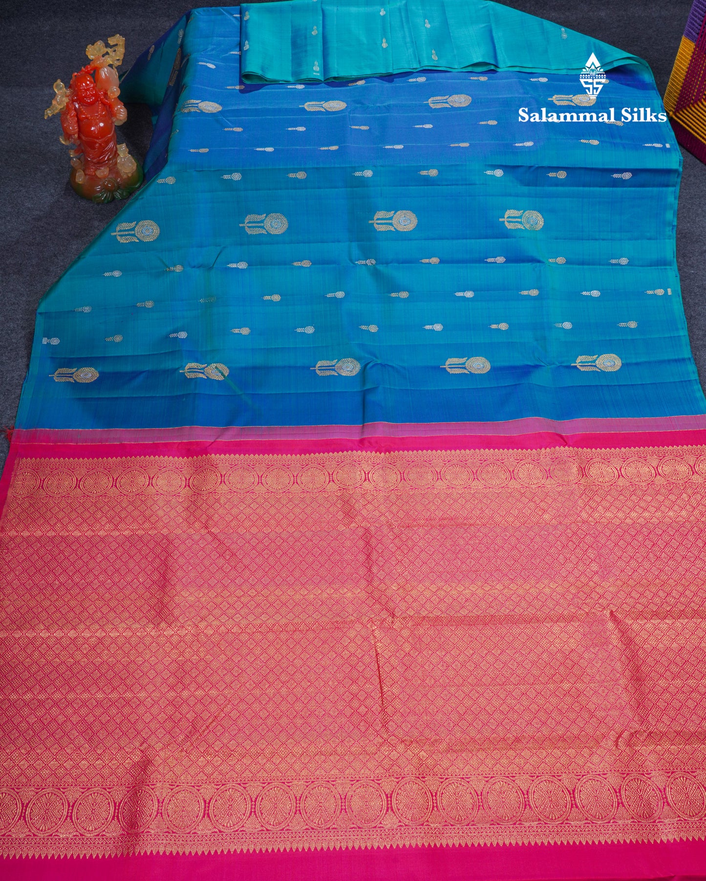Dual Tone Peacock Blue Fancy Pure Kanjivaram Silk Saree With Contrast Pink Blouse