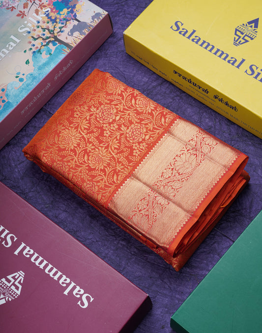 Pinkish Orange Beautiful Bridal 2G Zari Pure Kanjivaram Silk Saree With Self Border