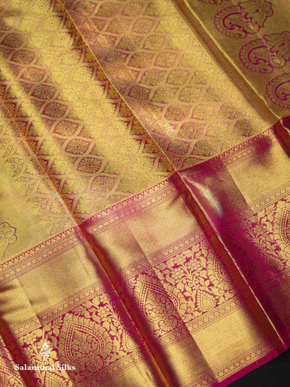 Beautiful Manthulir Yellow Tissue Bridal Pure Kanjivaram Silk Saree With Contrast Pink Traditional Evening Morning Border