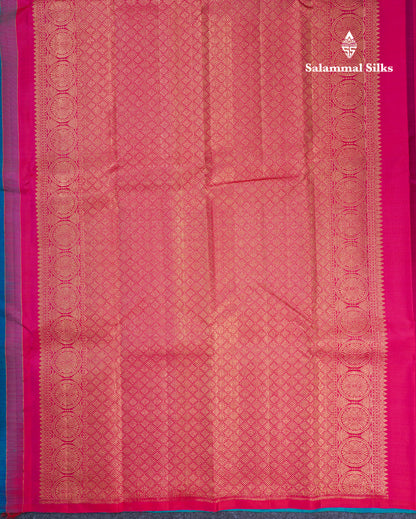 Dual Tone Peacock Blue Fancy Pure Kanjivaram Silk Saree With Contrast Pink Blouse