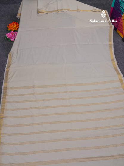 White Plain Semi Mysore Crepe Saree With Small Traditional Border