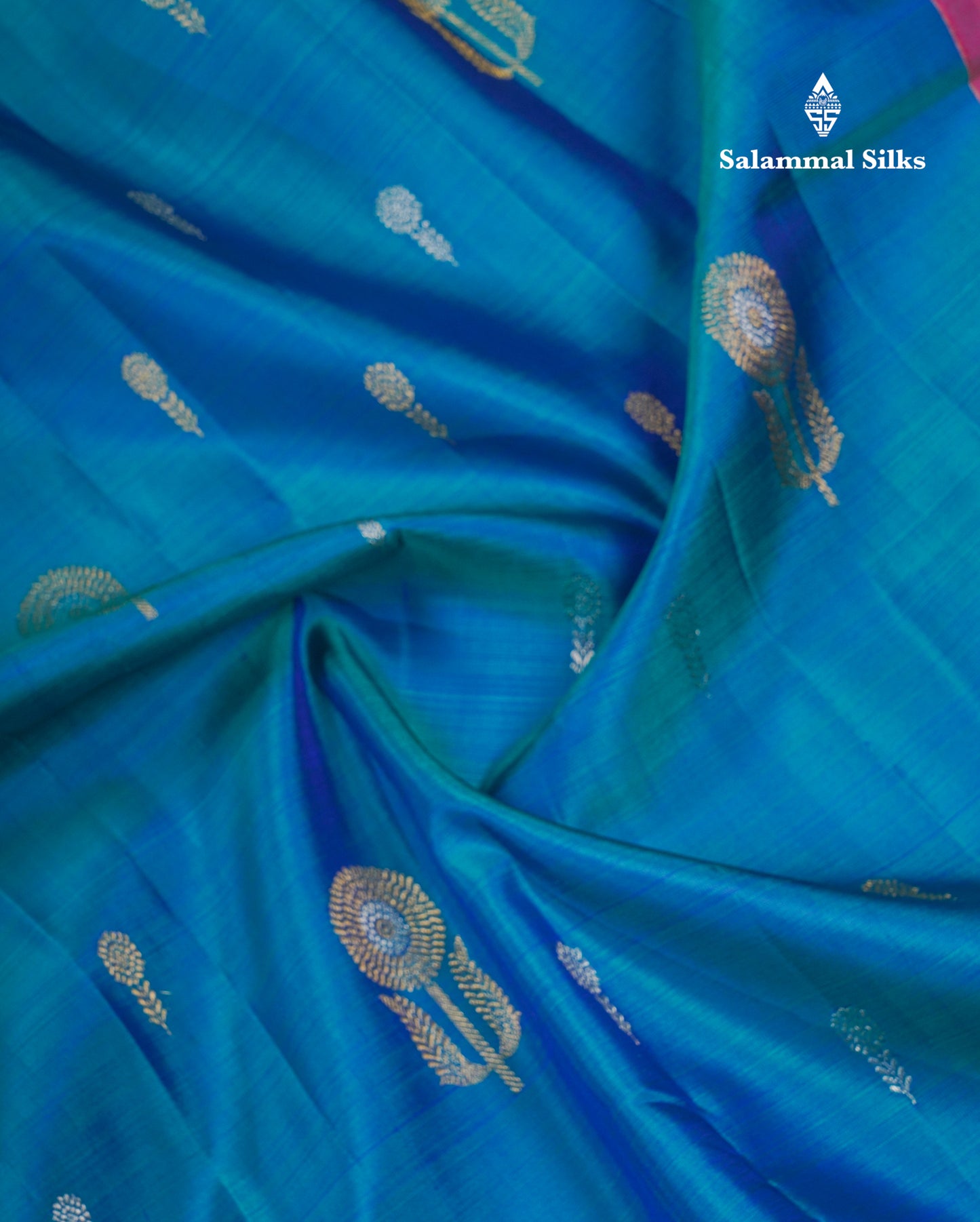 Dual Tone Peacock Blue Fancy Pure Kanjivaram Silk Saree With Contrast Pink Blouse