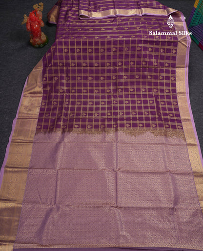 Beautiful Dark Magenta Checks With Butta Semi Silk Saree With Contrast Light Violet Traditional Evening Morning Border