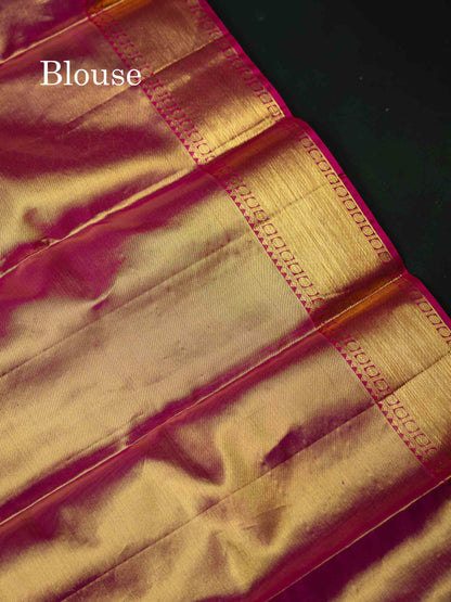 Beautiful Manthulir Yellow Tissue Bridal Pure Kanjivaram Silk Saree With Contrast Pink Traditional Evening Morning Border