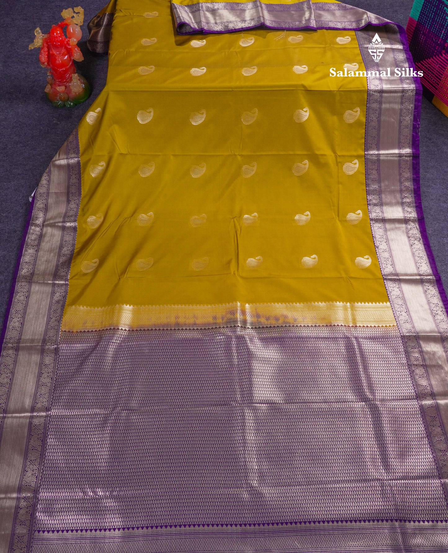 Beautiful Olive Mustard Yellow Semi Silk Saree With Contrast Violet Traditional Border