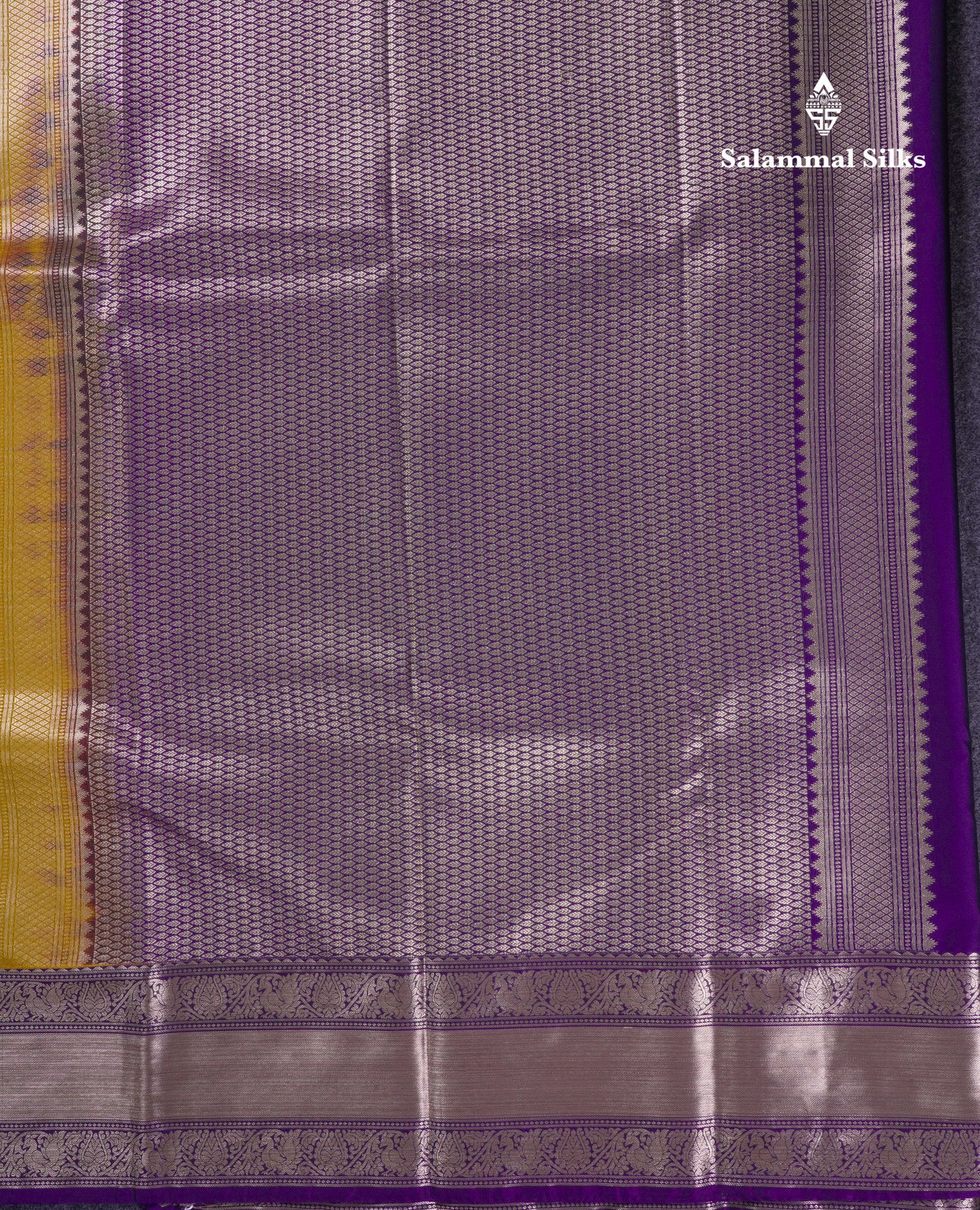 Beautiful Olive Mustard Yellow Semi Silk Saree With Contrast Violet Traditional Border