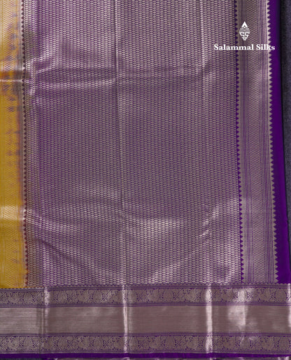 Beautiful Olive Mustard Yellow Semi Silk Saree With Contrast Violet Traditional Border