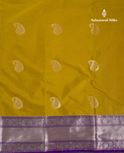 Beautiful Olive Mustard Yellow Semi Silk Saree With Contrast Violet Traditional Border
