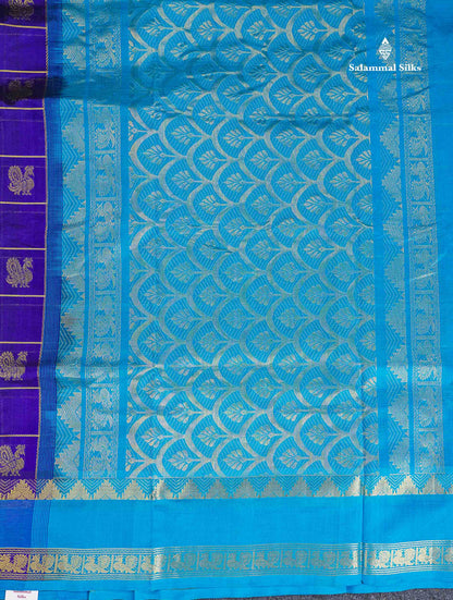 Pure Silk Cotton Saree - Dual Tone Violet Checks With Traditional Butta Along With Contrast Ramar Blue Traditional Gap Border