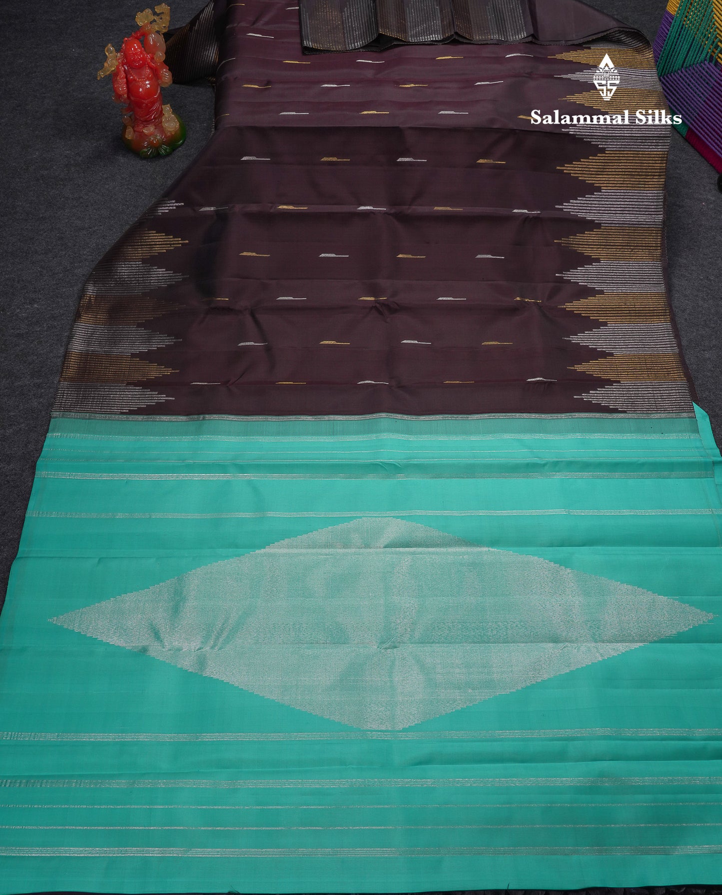 Beautiful Dark Brown Malli Moggu Butta Pure Kanjivaram Silk Saree With Silver & Gold Zari Traditional Temple Border