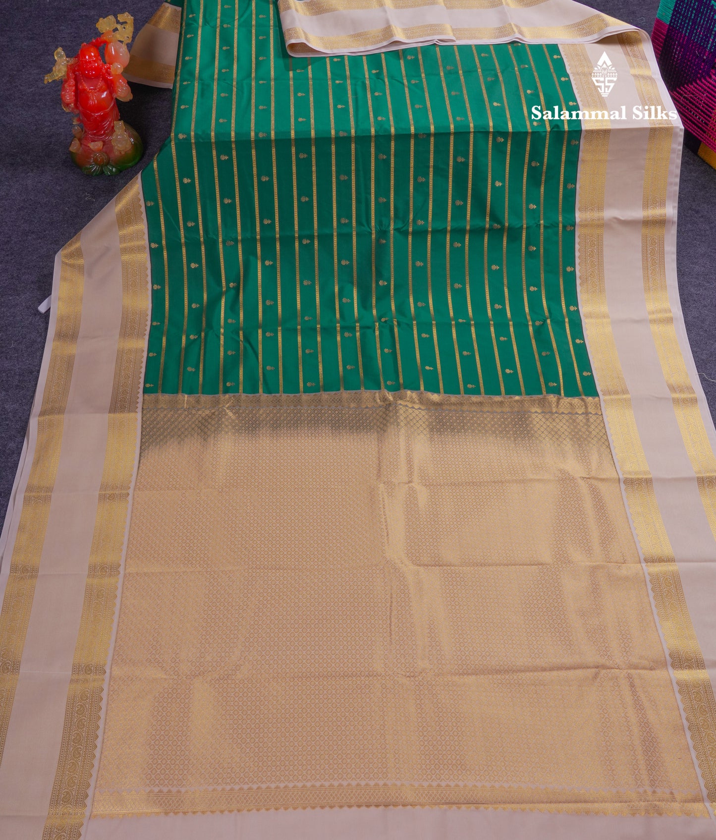 Beautiful Bottle Green Semi Silk Saree With Contrast Cream Sandal Rettapet Traditional Border