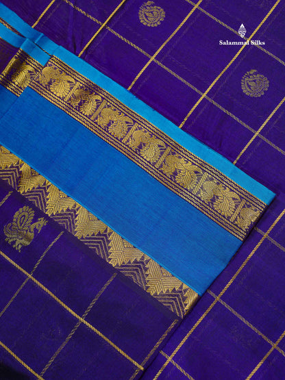Pure Silk Cotton Saree - Dual Tone Violet Checks With Traditional Butta Along With Contrast Ramar Blue Traditional Gap Border