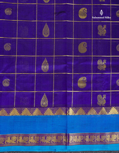 Pure Silk Cotton Saree - Dual Tone Violet Checks With Traditional Butta Along With Contrast Ramar Blue Traditional Gap Border