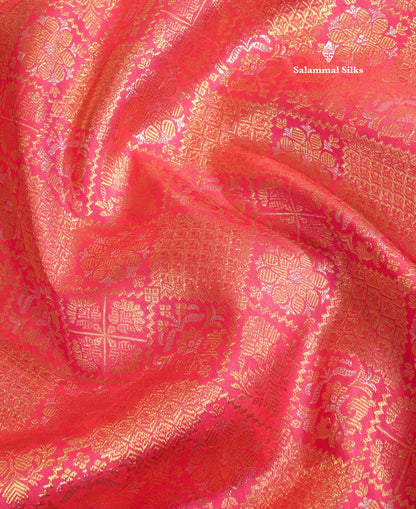 Pinkish Red Bridal Pure Kanjivaram Silk Saree With Self Border