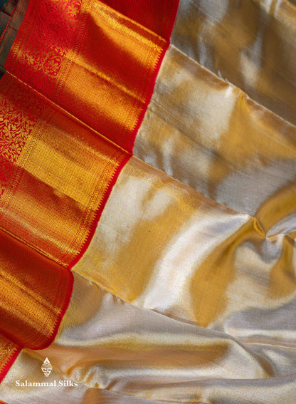 Beautiful Gold Plain Tissue Bridal Pure Kanjivaram Silk Saree With Contrast Chilly Red Traditional Evening Morning Border